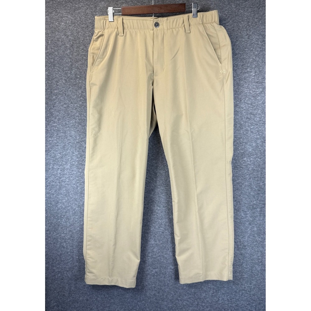 Under Armour Golf Pants Men 36 Khaki Performance Loose Fit Flat Front Travel EUC